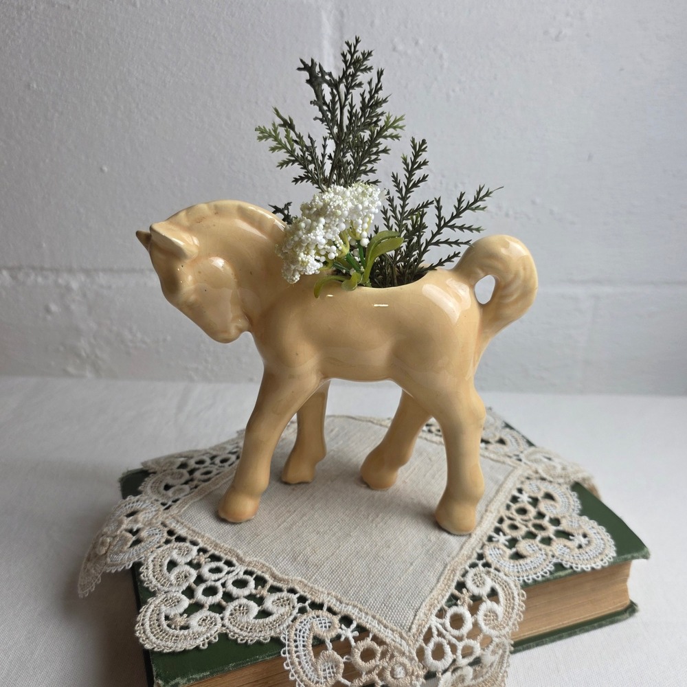 Vintage 40s Mid Century Ceramic Horse Planter Glossy Yellow Pony Succulent Pot